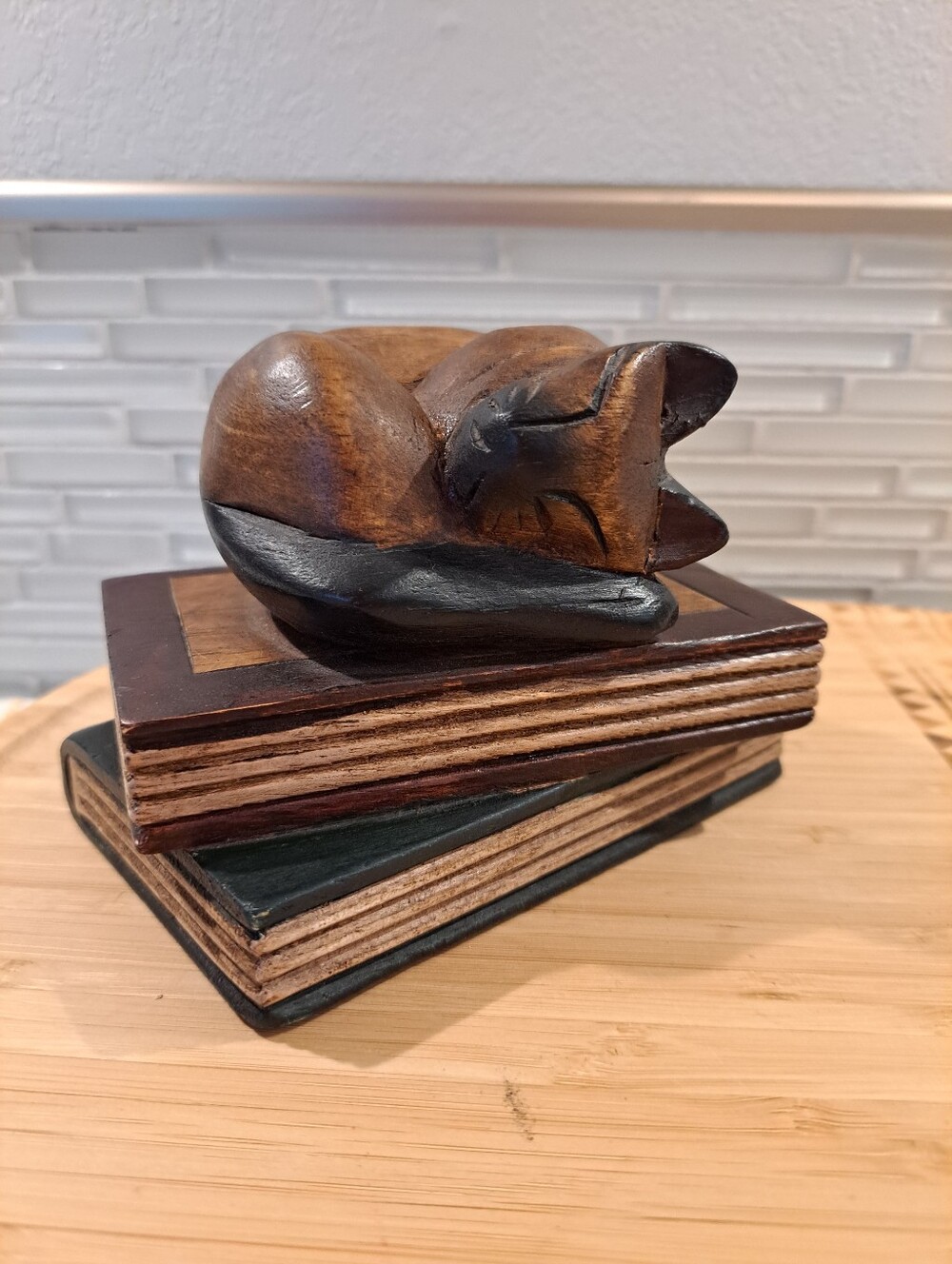 Vtg Wooden Cat Sleeping on Books Paperweight, Desk Ornament, Shelf Sitter
